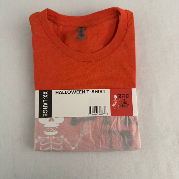 Bad To The Bone T Shirt Size XXL Orange Skeleton Graphic Halloween Adult Tee - Picture 3 of 7